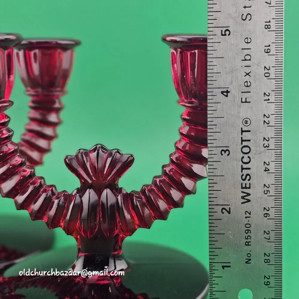 Set of 2 Paden City Ruby Red Glass Crows Foot Round Double Candle Holders